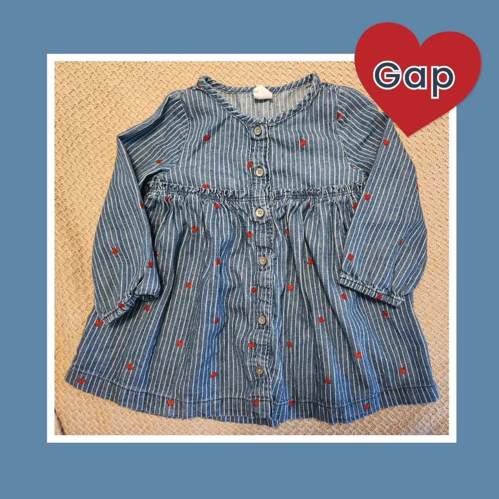 Denim Blue White Striped Red Embroidered Heart Dress Long Sleeves, Gap 18-24 Mos